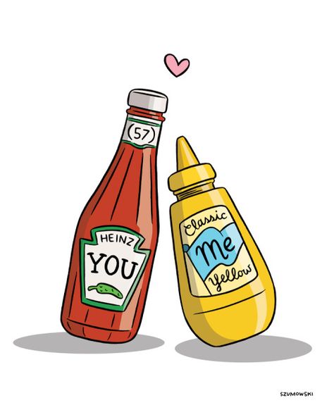 ketchup and mustard love - custom illustration by Laura Szumowski Ketchup Illustration, Mustard Illustration, Kraft Dinner, Painted Shirt, Bday Stuff, Ketchup And Mustard, Developer Logo, Mini Doodle, Paint Shirts