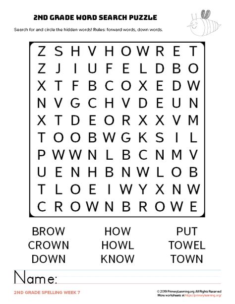 This worksheet is great for second graders to work on spelling words: how, know, put, towel, crown, town, howl, brow, down. #worksheets #spelling https://primarylearning.org/worksheet/2nd-grade-word-search-spelling-unit-7/?utm_source=pinterest&utm_medium=social&utm_campaign=fundamental_skills&utm_term=2nd_grade_spelling&utm_content=word_search 2nd Grade Word Search, 2nd Grade Spelling, Content Words, Grade Spelling, Hidden Words, 2nd Grade Worksheets, Town Names, Learning Time, Spelling Words