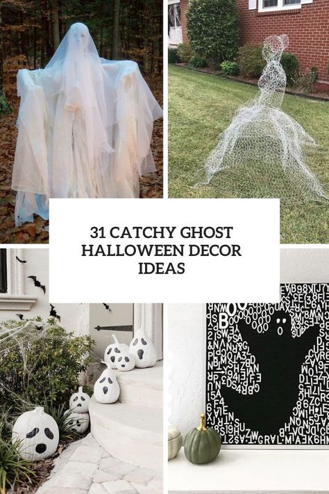 catchy ghost halloween decor ideas cover Halloween Decorations Diy Ghosts, Diy Tulle Ghost Decoration, How To Make Outdoor Halloween Ghosts, Ghost Theme Party Halloween Decorations, Diy Standing Ghost Decoration, Ghost Tree Decorations, Ghost Decorations For Halloween Outside, Ghost Halloween Party Ideas, Halloween Ghosts Decorations