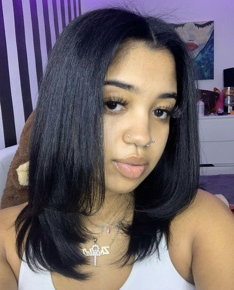 Straight Black Hair Styles, Short Straight Sew In, Jet Black Hair On Black Women, Silk Press Natural Hair Bangs, Straight Hairstyles For Black Women Shoulder Length, Layers Bob Medium, Lob Haircut Black Women, Relaxer Styles For Black Hair, Medium Length Haircut Black Women