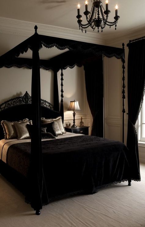 Create a gothic bedroom aesthetic with a modern twist by incorporating sleek black furniture, velvet textures, and ornate wall mirrors. Add statement lighting fixtures and dramatic drapes for a truly enchanting atmosphere. Transform your bedroom into a modern gothic sanctuary by incorporating dark colors like deep purples or rich burgundies. Gothic Bedroom Aesthetic, Modern Gothic Bedroom, Black Room Decor, Gothic Decor Bedroom, Dream Bedroom Inspiration, Bedroom Vibes, Gothic Bedroom, Modern Gothic, Dark Home Decor