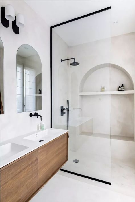 33 Small Shower Ideas That Feel Luxurious Shower Niche Arch, Standard Shower Size, Small Luxury Shower Ideas, Long Walk In Shower Ideas, Bathroom Shower Seat Ideas, Shower Open Concept, Shower Next To Closet, Shower Next To Door, Arch Bathroom Niche