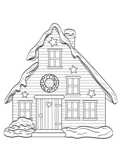 Winter house made of wood and bricks, with snow with Christmas tree, black outline isolated on white background, vector illustration, holiday decoration, coloring page Christmas Houses Drawings, Winter House Drawing, Christmas House Drawing, House Coloring Pages Free Printable, Doodle Houses, Coloring House, House Made Of Wood, Window Snow, Snow Spray