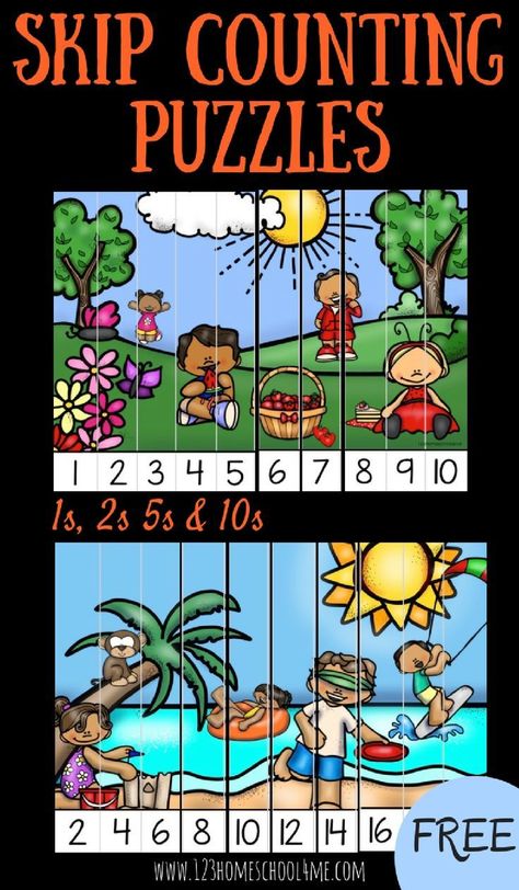 FREE Summer skip counting puzzles are a fun way to practice counting by 1s, 2s, 5s and 10s! LOW PREP! Perfect for back to school, math centers, summer learning, homeschool, and extra practice for preschool, prek, kindergarten, and first grade Skip Counting Kindergarten, Skip Counting Puzzles, Skip Counting Activities, Skip Counting By 2, Puzzles Printable, Counting By 5's, Counting Puzzles, Summer Math, Prek Math