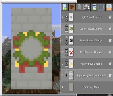 Banner Minecraft Tutorials Letters, Minecraft Christmas Banner Designs, Holiday Minecraft Builds, Christmas Banners Minecraft, Banner Minecraft Tutorials Cute, Christmas Decor Ideas Minecraft, Minecraft Star Banner, Minecraft Bedrock Banner Designs, Minecraft Christmas Banner