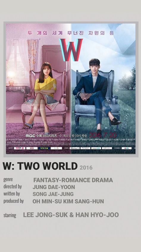 korean drama/series • W: Two World minimalist poster Kdrama W, Kdrama 2016, W Korean Drama, W Kdrama, Korean Tv Series, Korean Drama Series, W Two Worlds, New Movies To Watch, Word Poster