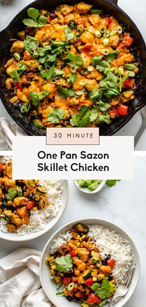 Flavorful one pan sazon skillet chicken made in just 30 minutes for a delicious, veggie and protein-packed dinner the whole family will love! This easy sazon skillet chicken is made with homemade sazon seasoning and beautiful summer veggies. Enjoy as-is or serve with rice, quinoa and your fav toppings. #chicken #healthydinner #onepanmeal #mealprep #glutenfree Homemade Sazon, Sazon Recipe, Ambitious Kitchen Recipes, Sazon Seasoning, January Recipes, Dump Dinners, Ambitious Kitchen, Chicken Entrees, Summer Veggies