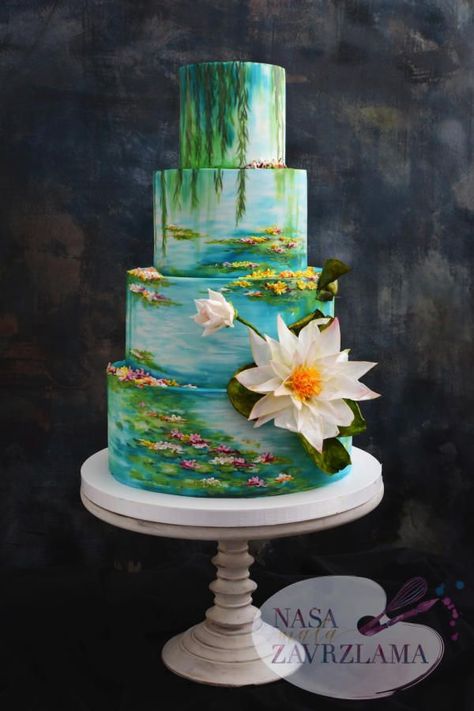 Pond Cake, Hand Painted Wedding Cake, Torte Creative, Painted Wedding Cake, Cake With Flowers, Hand Painted Cakes, Torte Cupcake, Tiered Cake, Crazy Cakes