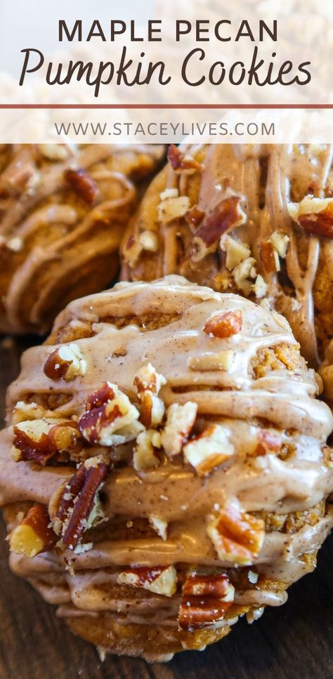 Maple Pecan Pumpkin Cookies, Fall Party Dinner Food, What Flavors Go Together, Shareable Baked Goods, Baked Holiday Treats, Buttery Dessert Recipes, Seasonal Cookies Fall, Recipes With Maple Syrup Desserts, Frosted Fall Cookies