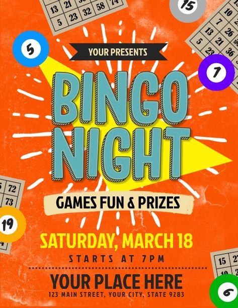 Promotional Ads Design, Bingo Night Flyer, Raffle Poster Design, Bingo Poster Design, Bingo Graphic Design, Game Night Poster, Bingo Poster, Bingo Event, Crazy Bingo