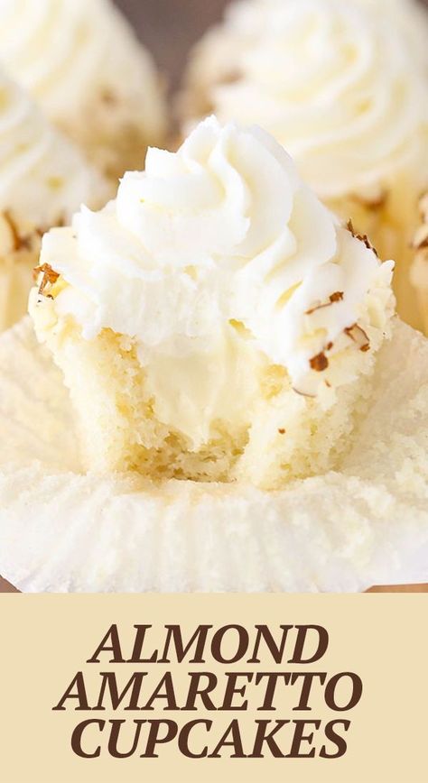 Chocolate Almond Cupcakes, Tasty Cupcakes Recipes, Amaretto Frosting Recipe, Almond Wedding Cupcakes, White Cupcake Flavors, White Chocolate Amaretto Cake, Almond Cupcakes Recipes, Almond Amaretto Cupcakes, Almond Flavored Cupcakes