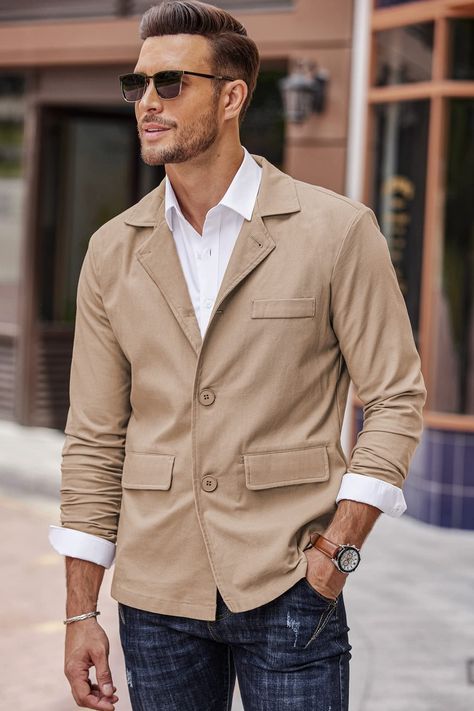 This cotton linen jacket is soft and breathable, brings you comfortable feeling in all day. notched lapel collar, button closure, 2 real flap pockets, 1 decorative chest pocket and shoulder pads. #blazer #lightweight #linen #khaki #men #cotton #casual #notched_lapel Linen Jacket Men, Linen Blazer Men, Mens Summer Jackets, Casual Suits, Blazer Outfit, Lightweight Blazer, Mens Linen, Futuristic Fashion, White Outfit