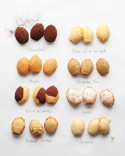 madeleines.  chocolate, olive oil & sea salt, maple, jasmine tea, black and white, spice, peanut butter, lemon. Madeleine Flavors, Madeleine Cookies, Raspberry Pistachio, Madeline Cookies, Madeleine Recipe, Patisserie Fine, Madeleine Cookie, Lemon Thyme, French Desserts