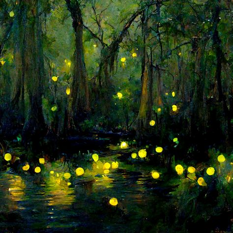 Sleepy lagoon moon forest swamp creek fairy lights floating glow arabesque tiny boat trees moss night Louisiana beautiful 4K Impressionism jazz green fireflies Swamp Oil Painting, Swamp Lights, Dream Paintings, Firefly Painting, Moon Forest, Tiny Boat, Firefly Art, Night Forest, Forest Illustration