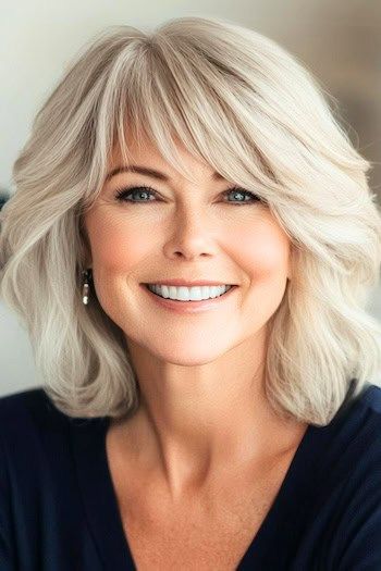 Layered Hairstyles For Medium Hair With Bangs, Sweep Bangs Medium Hair, Style Free Haircuts, Low Maintenance Layered Hair, Classic Medium Length Haircut, Medium Bob With Layers And Bangs, Layered Hair Dos, Medium Length Feathered Hairstyles, Sideswept Hairstyle Medium Length