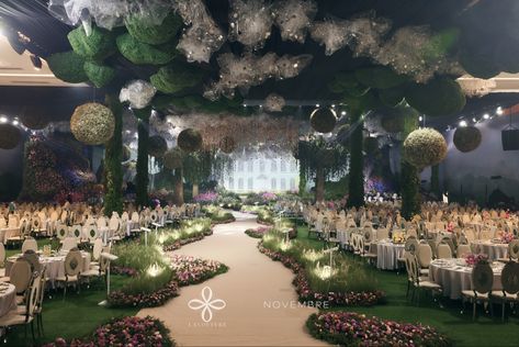 This project was designed to be an immersive, next level, weddig experience. We had full hall wrap, a waterfall, fog effect, lighitng effect, changing led screen, project mapping and the biggest landscape we have done indoor. All factos giving the decoration life and movement. They are transported ino another world where the landscape reflects the love between Bride&Groom. Project Mapping, Fog Effect, Luxury Weddings Reception, Waterfall Wedding, Wedding Theme Inspiration, Phnom Penh Cambodia, Dream Wedding Decorations, Luxury Wedding Decor, Wedding Venue Decorations