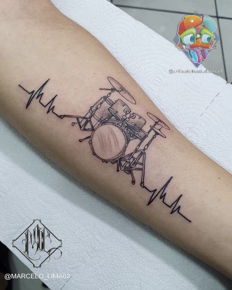 Tattoos For Drummers, Drumming Tattoos, Drumset Tattoo, Drum Set Tattoo, Drums Tattoo Ideas, Snare Drum Tattoo, Drum Tattoos, Country Music Tattoos, Drummer Tattoo