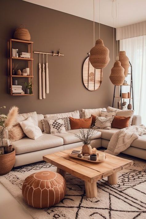 Living Room Boho Designs, Home Decor Palette Ideas, Boho Home Interior Design, Earthy Colors Living Room, Pouf In Living Room, Earthy Apartment Decor, Apartamento Boho Chic, Boheme Living Room, Warm Earthy Living Room