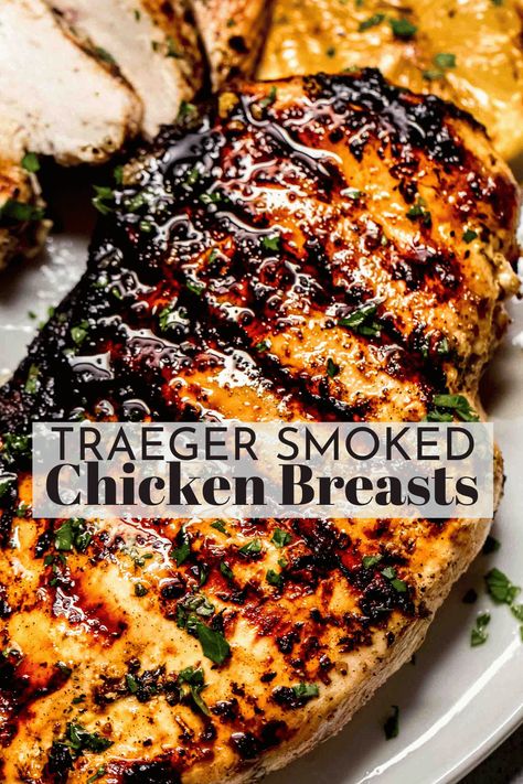 This easy Traeger Chicken Breasts recipe features Greek marinated chicken breasts cooked low and slow on a pellet grill. It’s the perfect summer meal with layers of herbaceous, tart, and smoky flavors in every bite! Chicken Marinade For Smoked Chicken, Smoked Greek Chicken, Treager Chicken Breast Recipe, Trager Smoked Whole Chicken, Bbq Chicken On Smoker, Traeger Recipes Chicken, Tregar Grill Recipes Chicken, Chicken Traeger Recipes, Chicken Pellet Grill Recipes