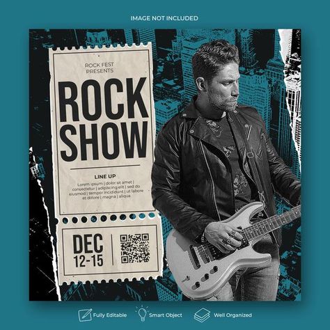 Rock music party or event banner templat... | Premium Psd #Freepik #psd #flyer #poster #vintage #music Music Concert Poster Design Graphics, Music Show Poster Design, Live Performance Poster, Concert Banner Design, Concert Design Poster, Live Band Poster, Live Music Poster Design, Music Concert Poster Design, Music Show Poster