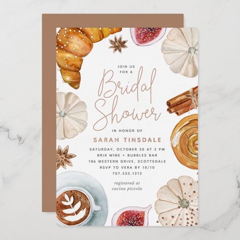 Cozy Fall Bridal Shower Brunch Rose Gold Foil Invitation Foil Invitations, Foil Cards, Gold Foil Invitations, Silver Foil Invitation Fall Bridal Shower Brunch, Coffee Bridal Shower, Rose Gold Foil Invitations, Bridal Shower Brunch Invitations, Fall Bridal Shower Invites, Autumn Bridal, Wedding Shower Themes, Winter Bridal Showers, Gold Foil Invitation