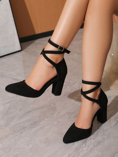 Black Elegant Collar   Plain Ankle Strap Embellished   Women Shoes Woman Black Shoes, Closed Heels Classy, Footwear With Dresses, Graduation Shoes Heels Classy, Black Bride Shoes, Heels That Go With Everything, Bridesmaid Shoes Black, Graduation Shoes Heels, Ankle Strap Heels Outfit