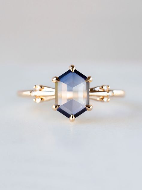 Different Engagement Rings, Hexagon Engagement Ring, Hexagon Ring, Hexagonal Ring, Blue Engagement Ring, Ring Sapphire, Royal Look, Solid Gold Band, Pepper Diamond