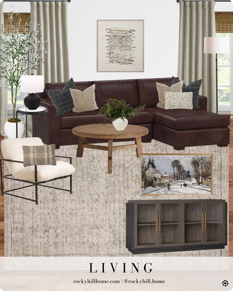 Dark Couch Inspiration, Brown Couch Sectional, Brown Sectional With Coffee Table, Black White Brown Decor Living Room, Dark Brown Leather Couch Living Room White Walls, Rugs With Tan Leather Couch, Living Room Mood Board Leather Couch, Lounge Room Brown Leather Couch, Dark Brown Leather Couches Living Room Decor