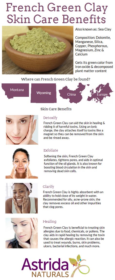 The benefits of adding French Green Clay into your skin care routine. Find out more here! http://www.astridanaturals.com/french-green-clay-skin-care-benefits #frenchgreenclay #clay #skincare #oilyskin #skin #infographic #astridanaturals French Clay Mask, Skin Infographic, Hoodoo Herbs, French Green Clay Soap, Diy Toiletries, Holistic Skincare, Skin Care Center, Skincare For Oily Skin, Homemade Moisturizer