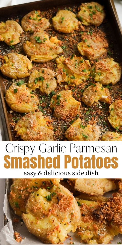 Crispy Garlic Parmesan Smashed Potatoes are made with only a few, simple ingredients - baby potatoes, fresh garlic, olive oil, and parmesan cheese. They're soft & fluffy in the middle, crispy on the edges, and oven baked to golden perfection. A perfect quick, easy, and flavorful side dish recipe! Baked Potato Dishes, Garlic Parmesan Smashed Potatoes, Golden Potato Recipes, Parmesan Smashed Potatoes, Smashed Potatoes Baked, Gold Potato Recipes, Garlic Smashed Potatoes, Baby Potato Recipes, Crispy Parmesan Potatoes