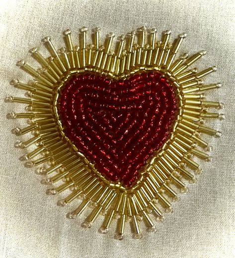 Beaded embroidery Gold Bead Embroidery, Beaded Heart Embroidery, Beaded Sun Embroidery, Beading Techniques Fabric, Sun Bead Embroidery, Beaded Embroidery On Clothes, Beading On Clothes, Bead Embroidery Tshirt, Embroidery Beads Designs