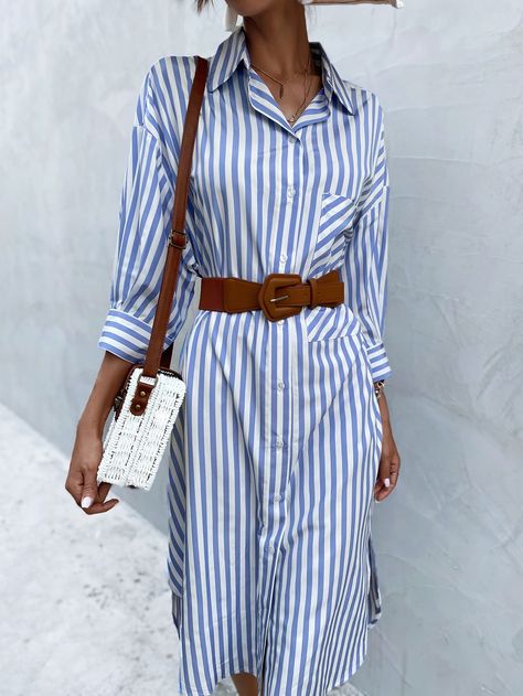 Vertical Stripes Outfit, Vertical Striped Shirt Outfit, Blue And White Striped Shirt Outfit, White Striped Dress Outfit, Blue And White Striped Shirt Dress, White Striped Shirt Outfit, Long Sleeve Dress Outfit, Blue Striped Shirt Outfit, Striped Dress Outfit