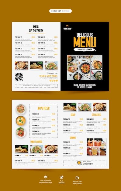 Food menu and restaurant bifold brochure... | Free Psd #Freepik #freepsd #food-menu-flyer #pizza-brochure #pizza-flyer #banner-food-menu Menu Card Cover Page Design, Food Landing Page, Breakfast Menu Design, Menu Cover Design, Restaurant Menu Covers, Brochure Food, Restaurant Layout, Mises En Page Design Graphique, Cafe Menu Design