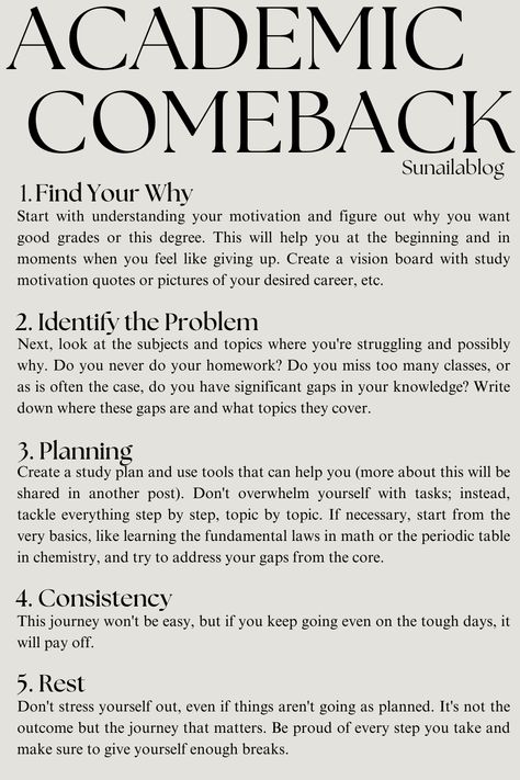 Here are some tips to help you make your academic comeback:  Remember to take care of yourself both physically and mentally to stay in top academic shape. #AcademicComeback #StudyTips #Motivation #Success How To Become A High Achiever, How To Make An Academic Comeback, Motivation To Revise, How To Remember Everything You Study, How To Have An Academic Comeback, How To Educate Yourself, How To Lock In, Academic Glow Up, Academic Goals Ideas