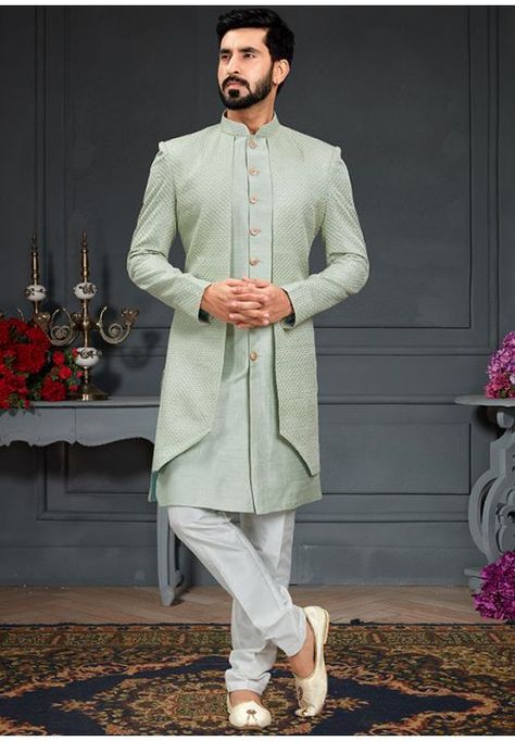 Pista Green Imported Silk Indo Western Outfit Green Indowestern Men, Pista Green Kurta For Men, Indo Western Outfits For Men Engagement, Sharvani For Men Wedding, Indo Western Outfits Wedding For Men, Indo Western Men, Sea Green Wedding, Bobo Wedding, Long Koti