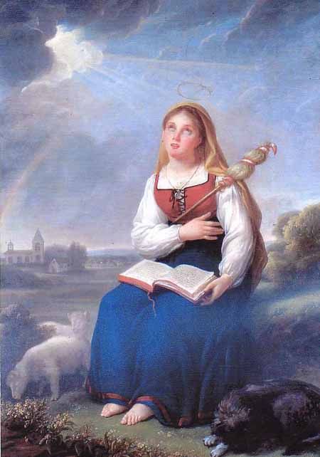 St. Genevieve saved her town from the Huns and committed her life to God at age seven. Saint Genevieve, St Genevieve, Female Painters, All Saints Day, Catholic Art, Christian Blogs, Patron Saints, God Jesus, Art Pages