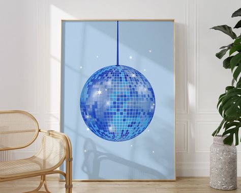 Blue Disco Ball, Disco Ball Print, Girly Dorm, Retro Bar Cart, Navy Walls, Bar Cart Art, Marine Art, Download Poster, Maximalist Decor