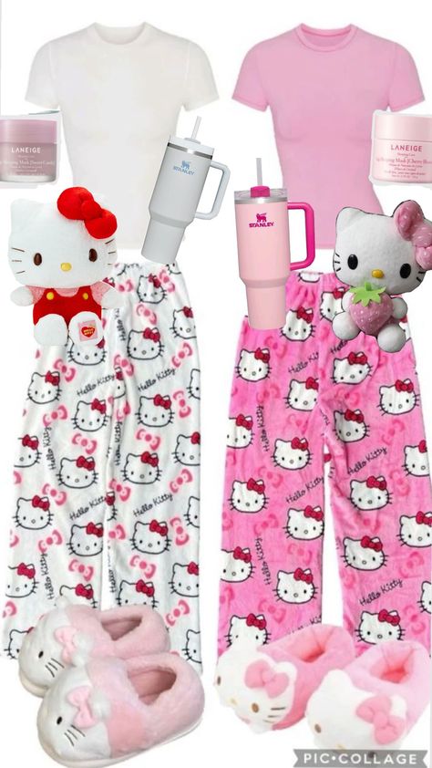 #Dos de pyjama hello Kitty # Hello Kitty Pjs Aesthetic, Cute Hello Kitty Outfits, Hello Kitty Pyjamas, Pjs Aesthetic, Hello Kitty Pjs, Pyjama Outfit, Bff Matching Outfits, Diy Hello Kitty, Kitty Aesthetic