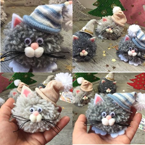 Christmas Pom Pom Crafts, Diy Xmas Ornaments, Yarn Animals, Pom Pom Animals, Easy Yarn Crafts, Christmas Pom Pom, Instagram News, Christmas Craft Fair, Cat Christmas Ornaments