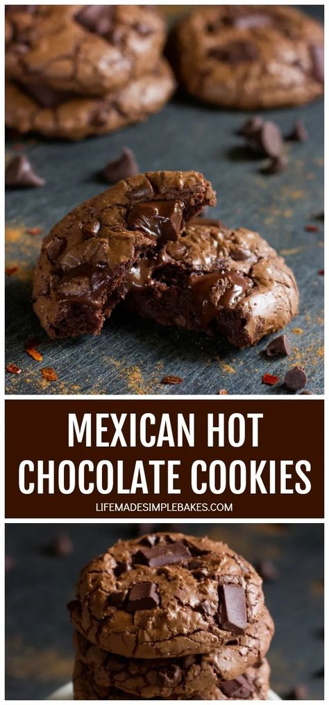 Deep, dark, and fudgy, these Mexican hot chocolate cookies are incredibly intense! Hints of cinnamon and chili pepper take these cookies to a whole to new level! #mexicanhotchocolatecookies #hotchocolatecookies #mexicanhotchocolate #spicychocolatecookies #spicyhotchocolatecookies Aztec Chocolate Cookies, Chocolate Chili Cookie, Mexican Hot Chocolate Cookies Abuelita, Chocolate Abuelita Cookies, Spicy Mexican Chocolate Cookies, Mexican Chocolate Chip Cookies, Mexican Chocolate Cupcakes, Mexican Cookie Recipes, Mexican Chocolate Desserts