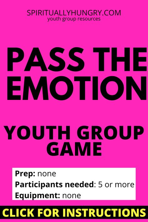 Pass The Emotion is a quick to pull off game that will have your youth laughing at each other’s expressions, and maybe learning a thing or two about one another. Pass The Emotion is a great game for conversation about feelings and emotional responses too, so it could easily be adapted as an ice breaker or woven into a lesson on those topics. via @alexiswaid Ice Breaker For Teens, Youth Retreat Ideas, Youth Group Ice Breakers, Youth Ice Breakers, Youth Group Ideas, Fun Youth Group Games, Teenage Fun, Emotions Game, Youth Group Lessons