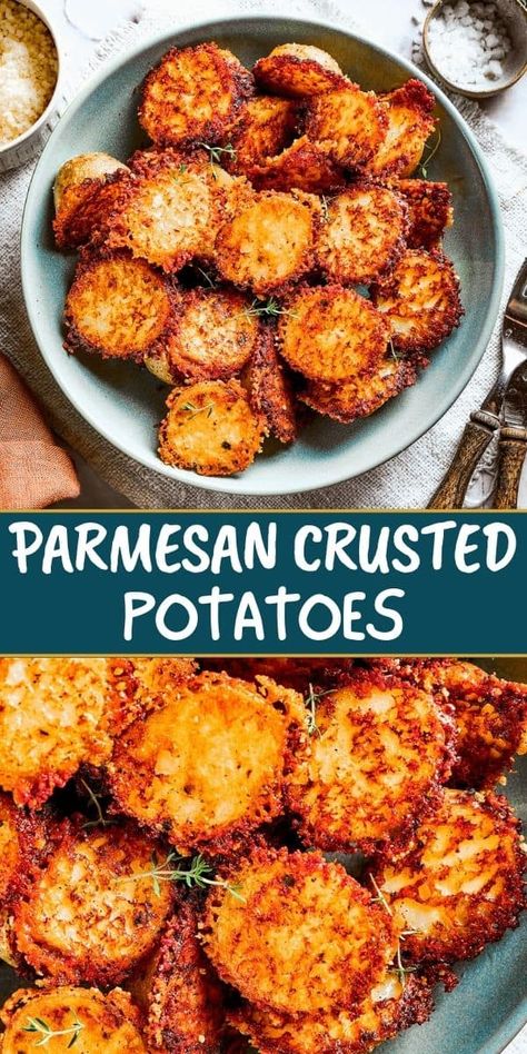 TikTok's obsession with Parmesan-Crusted Potatoes is about to become your obsession, and for good reason! These tender potatoes with a crunchy, cheesy crust are the easiest, tastiest side dish you'll ever make. Crunchy Cheesy Potatoes, Roast Parmesan Potatoes, Potatoe Crisp Recipe, Cheesy Parmesan Potatoes, Good Sides With Pork Chops, Crispy Crunchy Parmesan Potatoes Recipe, Roasted Parm Potatoes, Small Dishes Food, Parmesan Encrusted Potatoes