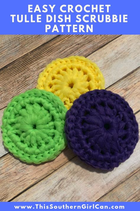 Make these heavy duty crochet dish scrubbies out of tulle! Check out my written pattern and video tutorial! Crochet Dish Scrubbies, Check Crochet, Scrubby Yarn Crochet, Kitchen Scrubbies, Crochet Hacks, Picot Crochet, Scrubbies Crochet, Scrubbies Crochet Pattern, Placemat Patterns