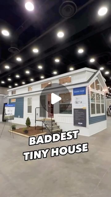 TINYHOMESLIFE🏠 on Instagram: "🫣This tiny house is a LIL BADDIE! This tiny home model is the “ShorePark 1969SL, “ built by Skyline Champion!  The house features a stylish design with a white and blue exterior, large windows, and a gable roof. There is a small porch with steps leading up to the entrance.   Credit: @chanceshomeworld   #tinyhouse #tinyhome #tinyhomeslife #prefabhouse #housetour #newhome" Porch With Steps, Small House Videos, Small Houses On Wheels, Cheap Tiny House, Tiny Loft, Tiny House Big Living, Tiny House Towns, Small Porch, Tiny House Luxury