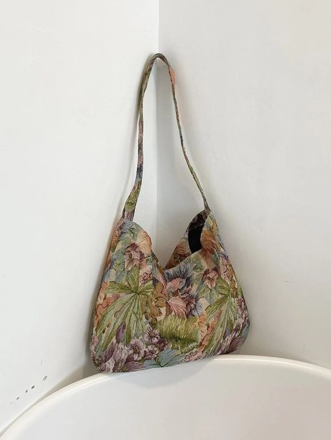 Floral Pattern Hobo Bag Large Capacity Top Handle For Daily | SHEIN EUR Diy Felt Animals, Cloth Tote Bags, Oversized Pattern, Hobo Bag Patterns, Purse Sewing Patterns, Suit Bag, Fabric Handbags, Sewing Purses, Boho Bags