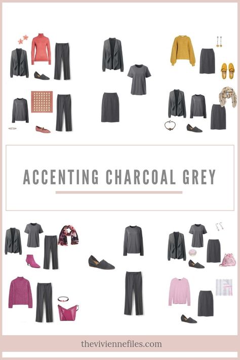 If, for some amazing reason, I ever quit wearing black ALL the time, I can easily picture replacing much of it with dark grey… I just love the way this looks, and the versatility that one would have with this limited number of pieces. One of the joys of having a neutral core in this … Charcoal Gray Outfit Color Combos, Charcoal Gray Outfit, Charcoal Outfit Color Combos, Charcoal Gray Pants Outfit, Grey Matching Colors Outfit, Charcoal Pants Outfit, Grey Pants Outfit, Charcoal Colour, The Vivienne Files