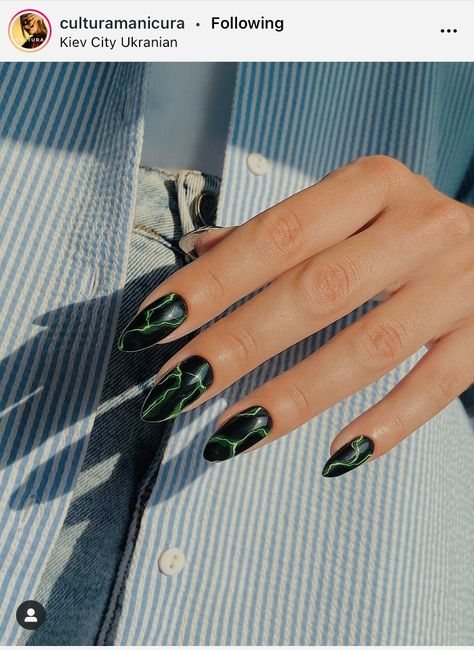 Green Lightning Nails, Lighting Nails, Lightning Nails, Green Lightning, Green Lighting, Kiki Lala, Witch Nails, Green Acrylic Nails, Black Acrylic Nails