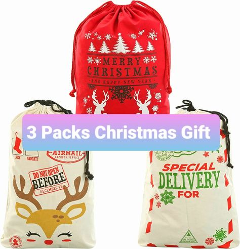 SUPER VALUE PACK. Our Christmas Santa Sacks include 3 large Santa sacks for Christmas of 3 different designs. Size: 26" x 19" UNIQUE & FESTIVE. Our Burlap Christmas Gift Bags add fun and excitement to Christmas parties with these festive designs of holiday party favor bags. Pack your holiday gifts in our drawstring canvas sacks, add candies or large toys.Wrap your gifts like Santa and spread the Christmas spirit during Christmas parties! USE ANYTIME & ANYWHERE. Ideal for Christmas gifts🎄🎁 Christmas Tree Bag, Christmas Santa Gifts, Santa Sacks, Tree Bag, Santa Bags, Burlap Sacks, Gift Sack, Holiday Party Favors, Christmas Sack