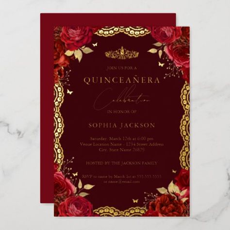 $3.95 | Red Quinceanera Rose Gold Lace Birthday - quinceanera, 15th, 15th birthday, tiara, flowers, lace, gold quinceanera, red, red quinceanera, rose Quinceanera Red Theme, Red And Gold Quinceanera Decorations, Masquerade Quinceanera Ideas, Red Quinceanera Theme, Quinceanera Masquerade, Red Quinceanera Ideas, Quinceanera Red, Masquerade Invitations, Masquerade Party Invitations