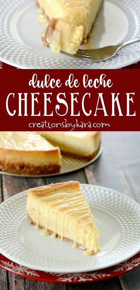 Dulce de Leche Cheesecake . . . sweet and creamy, this decadent cheesecake recipe is perfect for caramel lovers! #cheesecake #DulceDeLeche Tres Leches Cheesecake Recipe, Cheesecake Flavors Ideas, Mexican Cheesecake Recipe, Dessert Recipes Chocolate, Decadent Cheesecake, Wedding Cheesecake, Christmas Dessert Recipes, Heavenly Desserts, Cheesecake Lovers